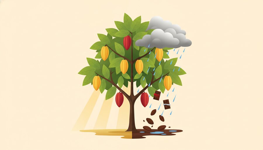 Cacaueiro com frutos maduros entre sol forte e chuva, o clima como fator de preço