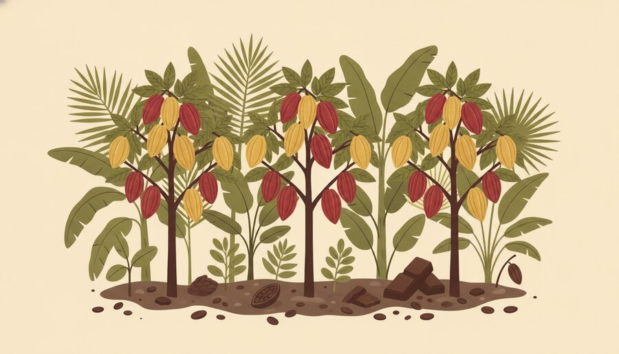 Sistema agroflorestal de cacau na Amazônia, com árvores jovens e frutos