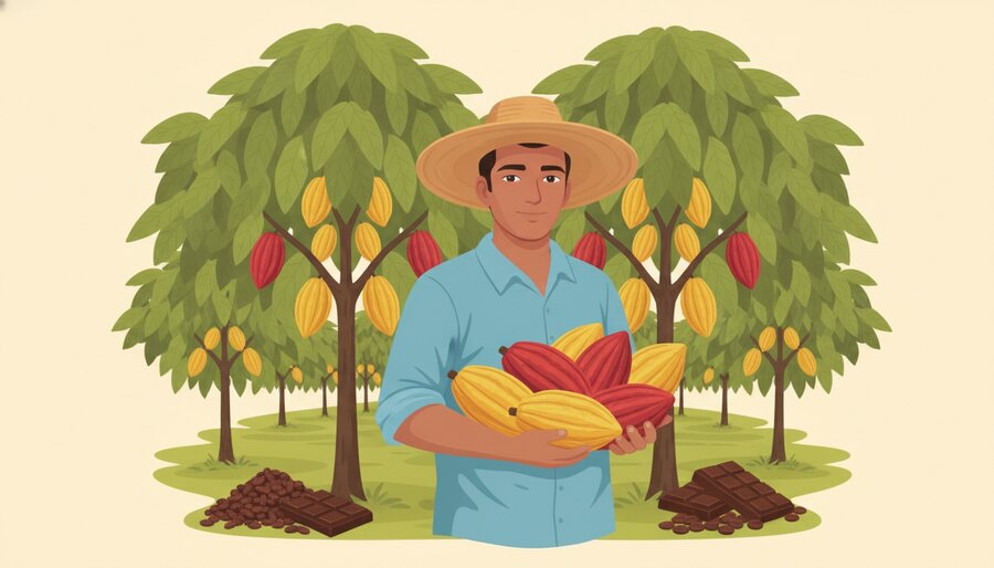 Produtor brasileiro de cacau segurando frutos maduros na lavoura